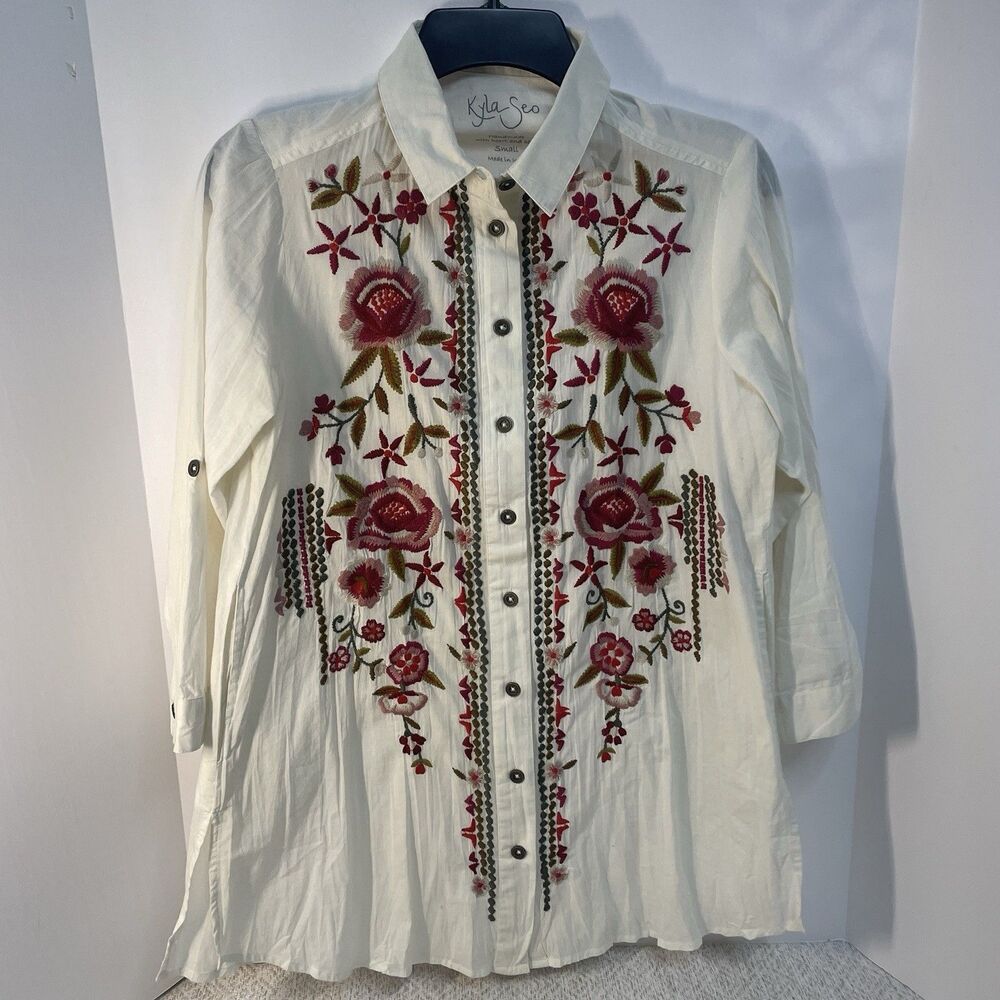 Kyla Seo Womens S Handmade Embroidered Tunic Top Boho Floral Peasant READ
